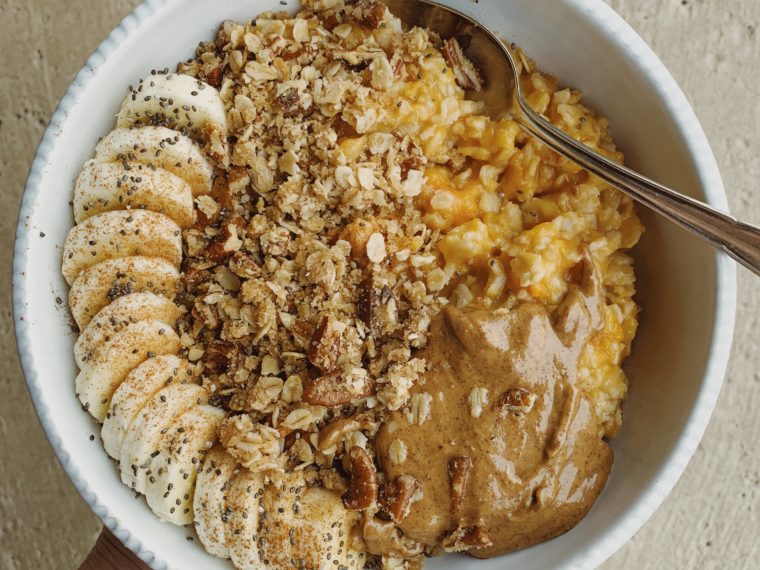 Sweet Potato Porridge w/ Bananas, Pecan Crumble & Maple Almond Butter